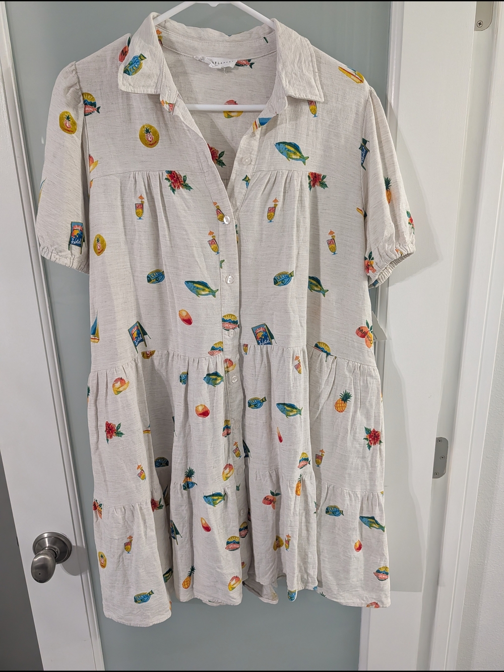 Jane + Delancey Tiered Button Front Tropical Linen Blend Dress XL
